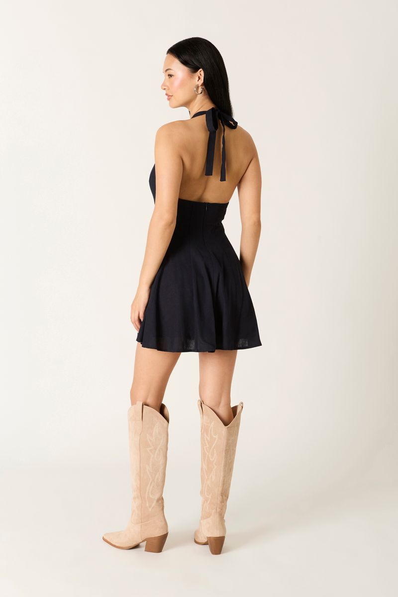 Plunge Halter Fit & Flare Mini Dress in navy side view