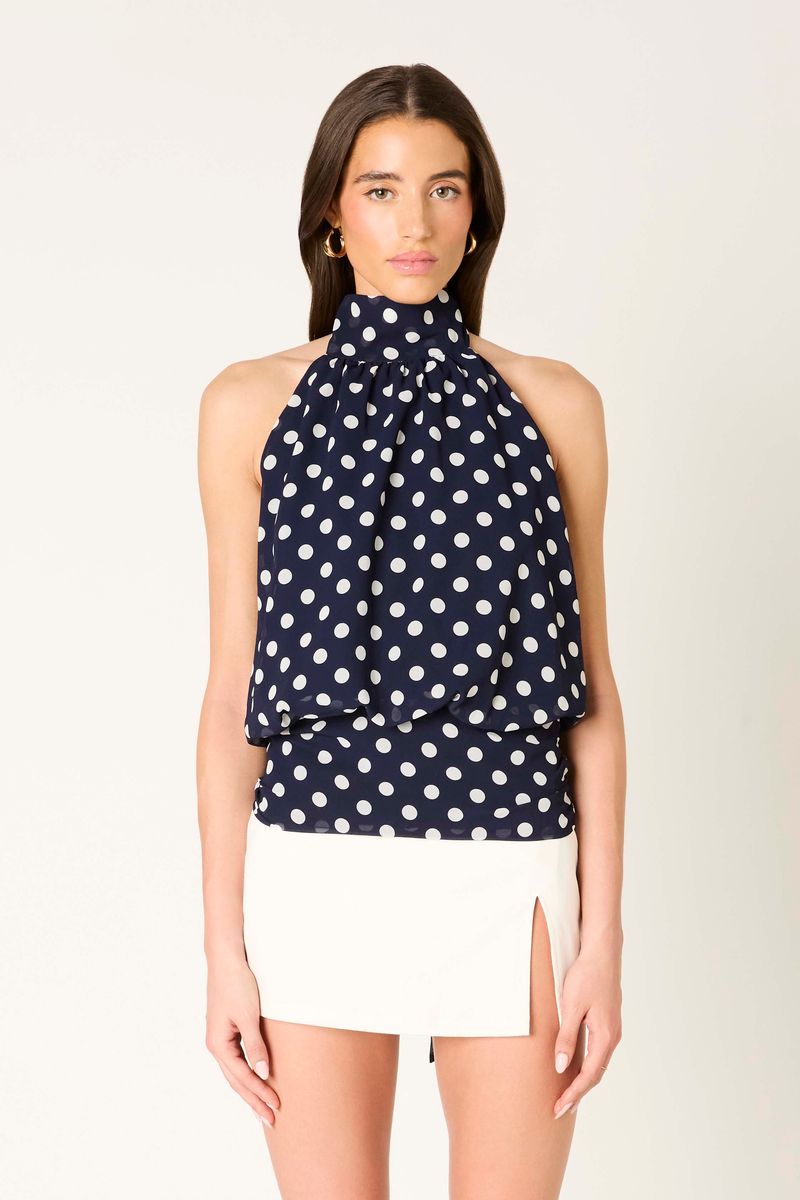 High Neck Polka Dot Top in navy front view