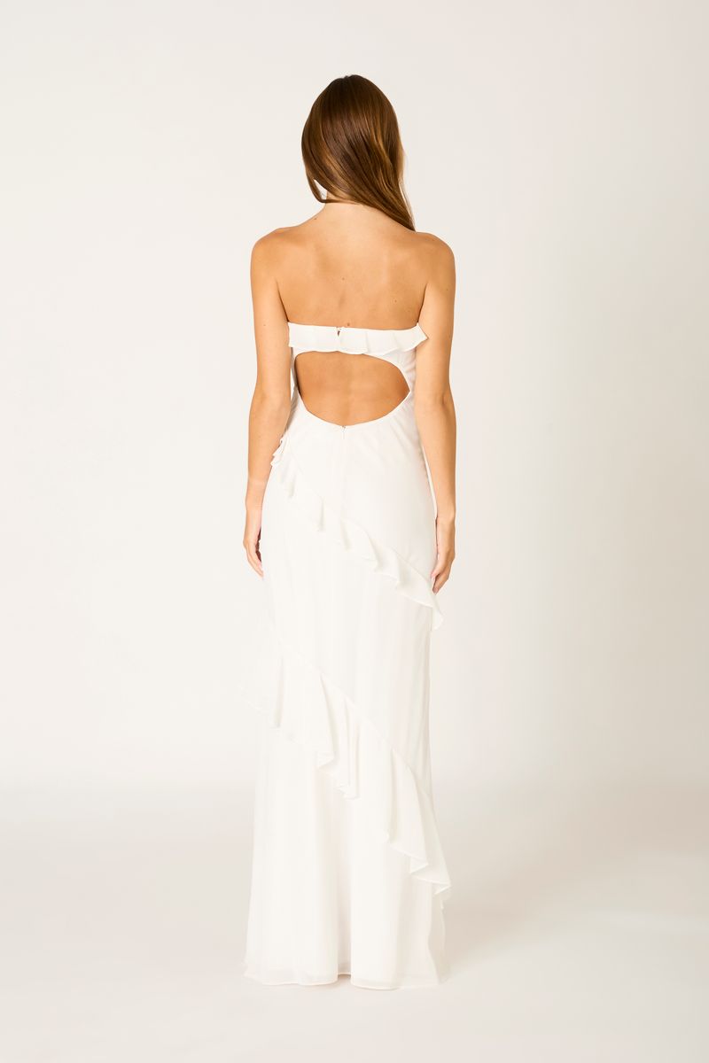 Cascade Ruffle Gown in white back view