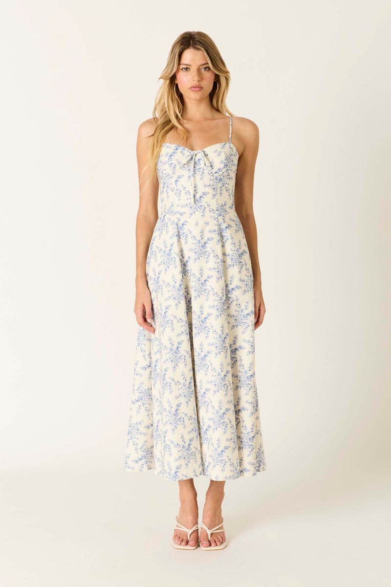 Vintage Toile Midi Dress in blue front view