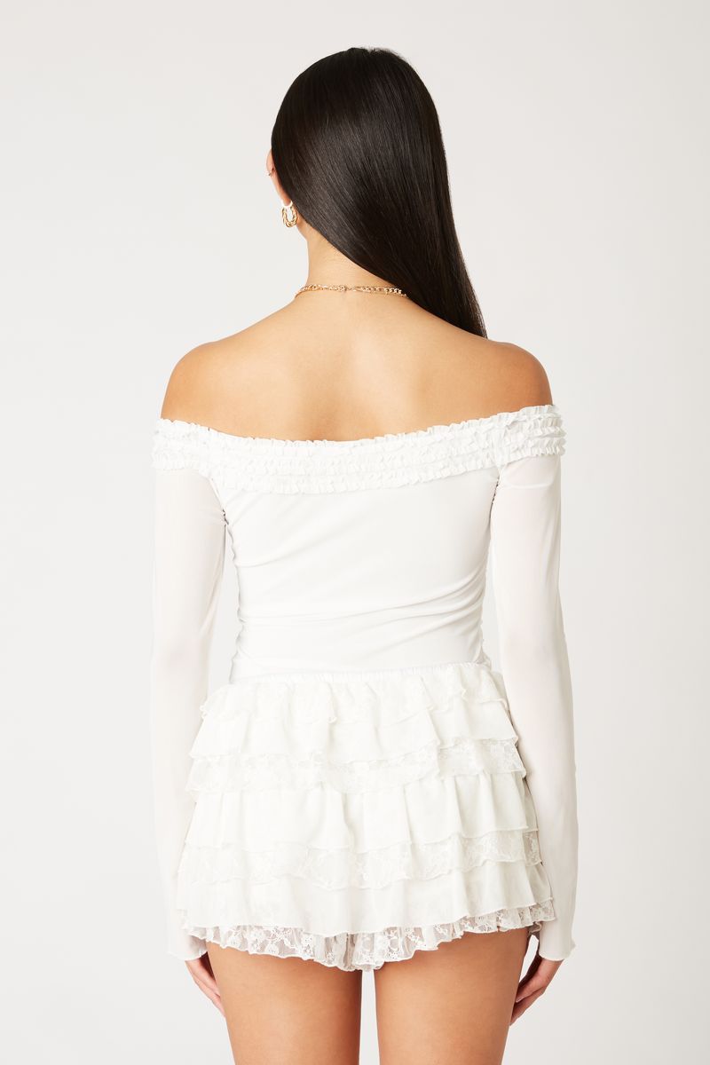 Off-The-Shoulder Ruffle Mesh Top in white back view