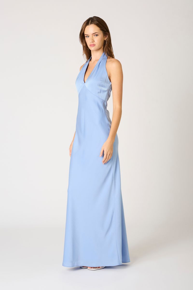 Plunge Halter Bias Gown in slate blue side view