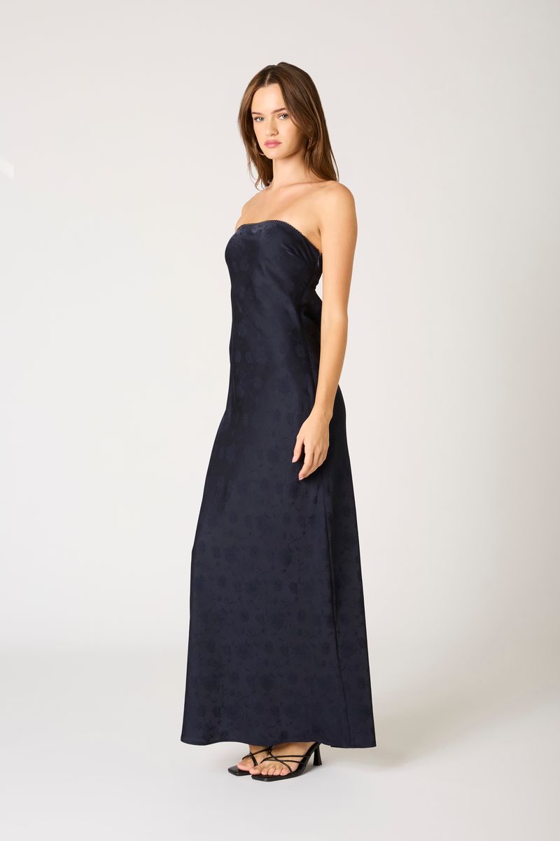 Strapless Open Cowl Back Gown in navy side view