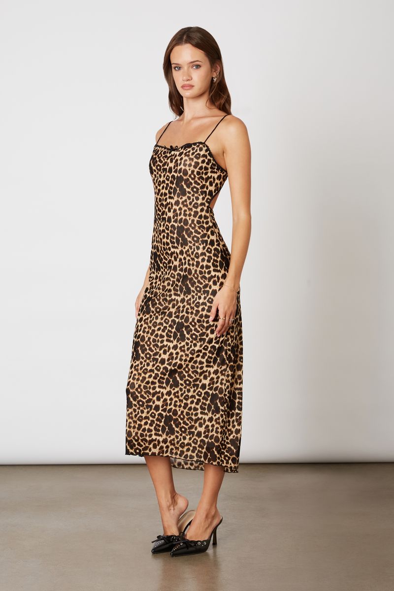 Leopard Mesh Midi Dress in tan side view
