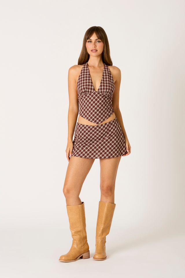 Plaid Low-Rise Mini Skirt in cocoa front view