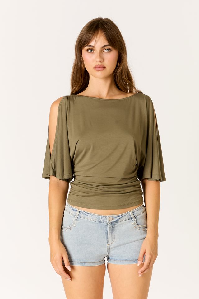 Ruched Flutter Sleeve Top in olive front view