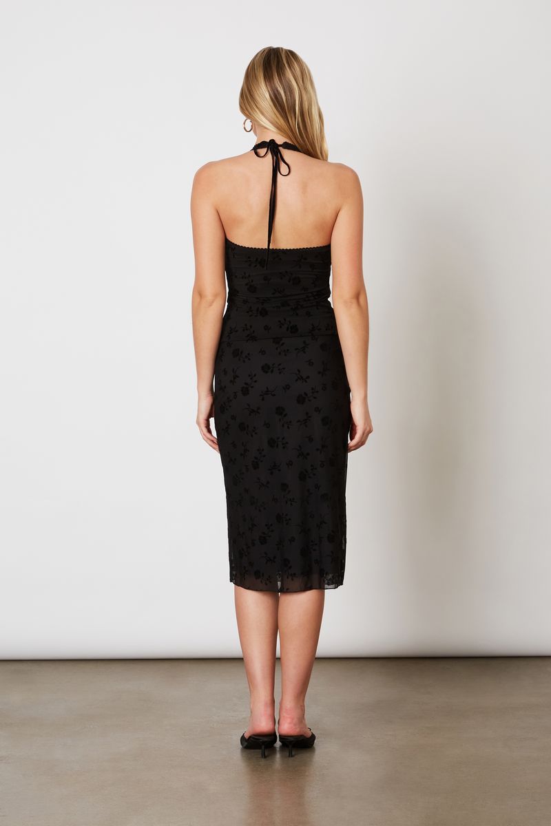 Flocked Velvet Mesh Midi Skirt in black back view