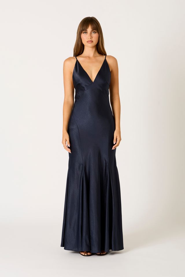 Satin Flared Maxi Dress in midnight front view
