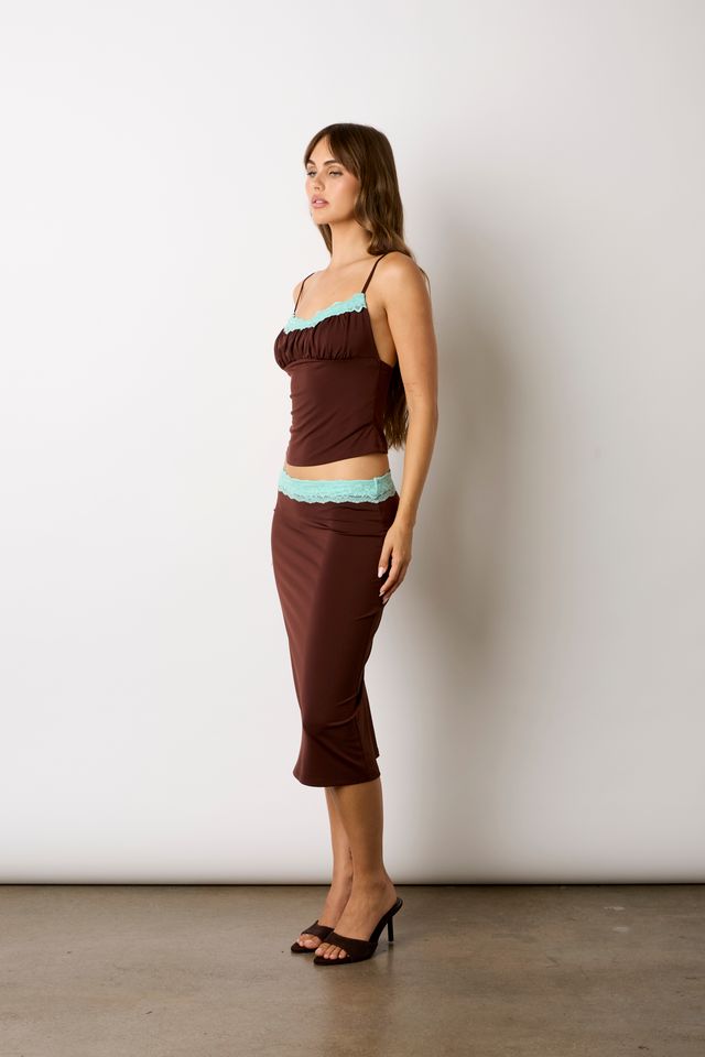 Lace Trim Cami Top in chocolate side view