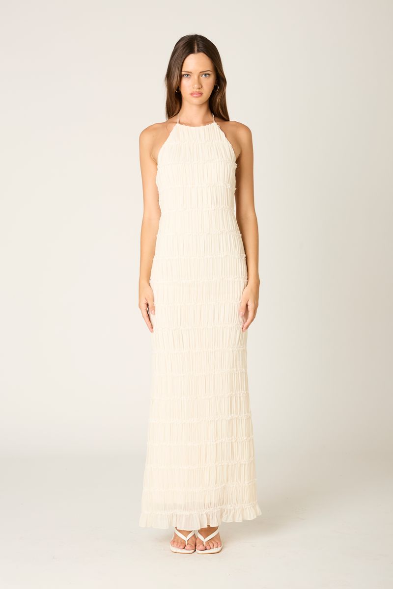 Pleated Halter Maxi Dress in ecru front view