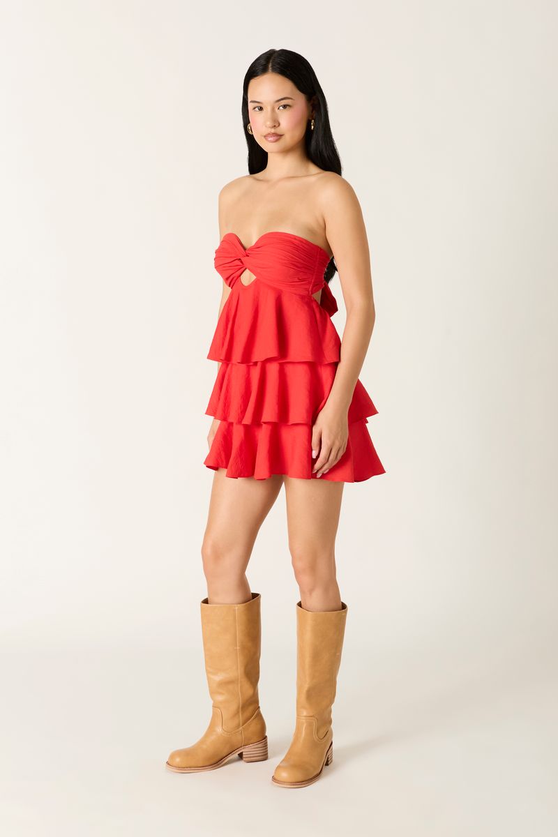 Strapless Tiered Mini Dress in red side view