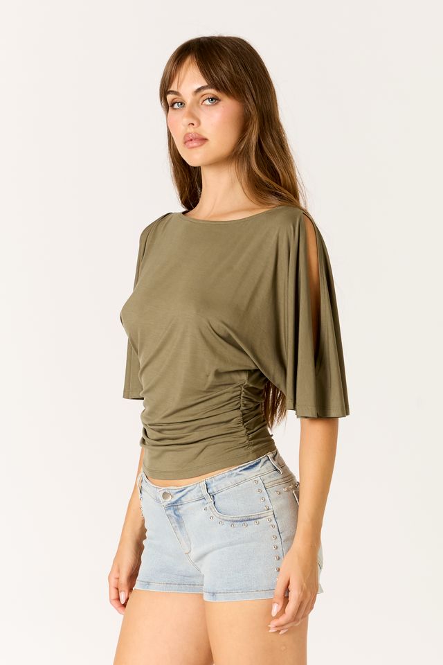 Ruched Flutter Sleeve Top in olive side view