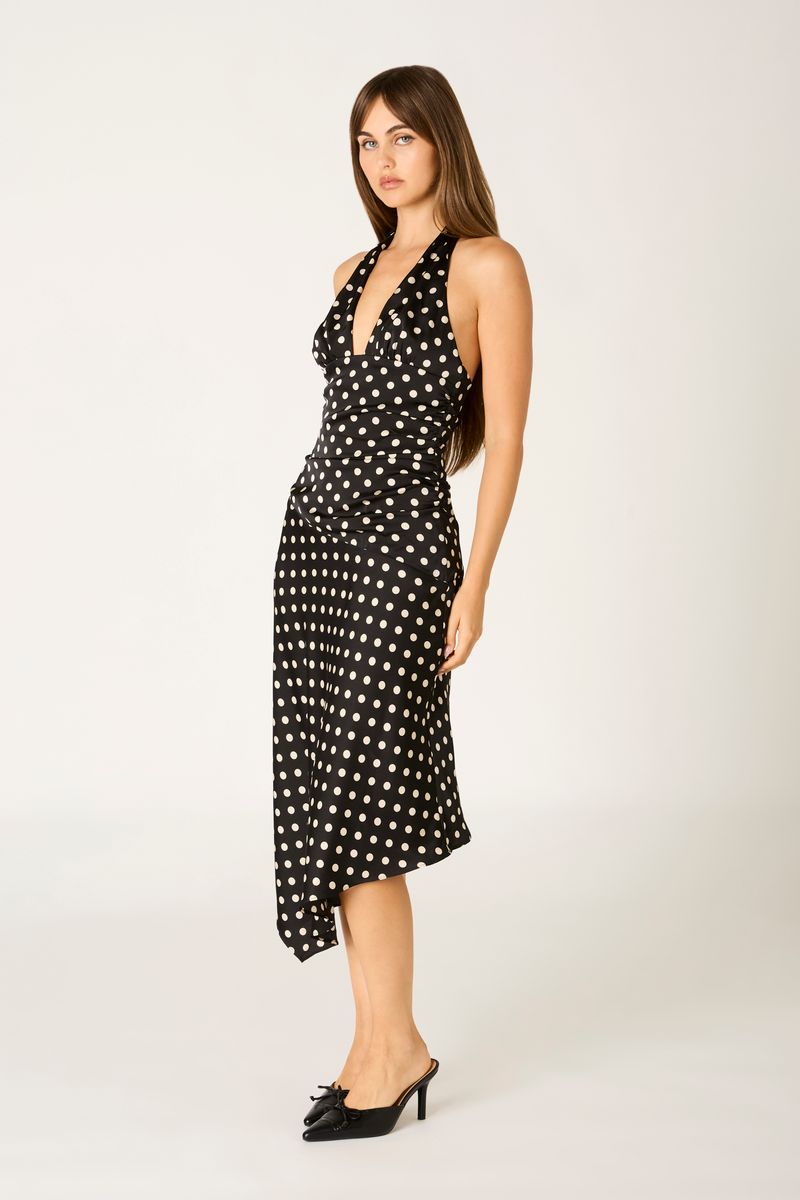 Polka Dot Halter Midi Dress in black side view