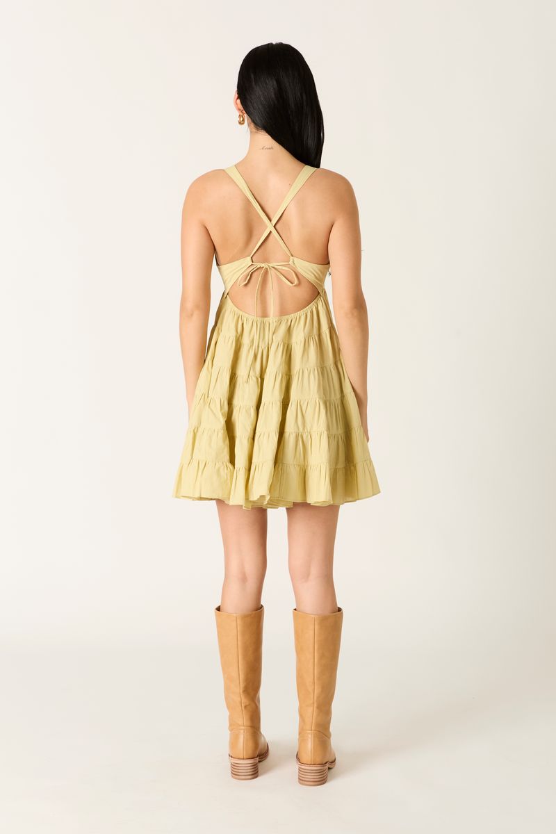 Cotton Tiered Mini Dress in sage back view
