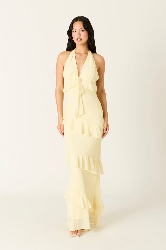 Tiered Chiffon Maxi Dress in butter front view