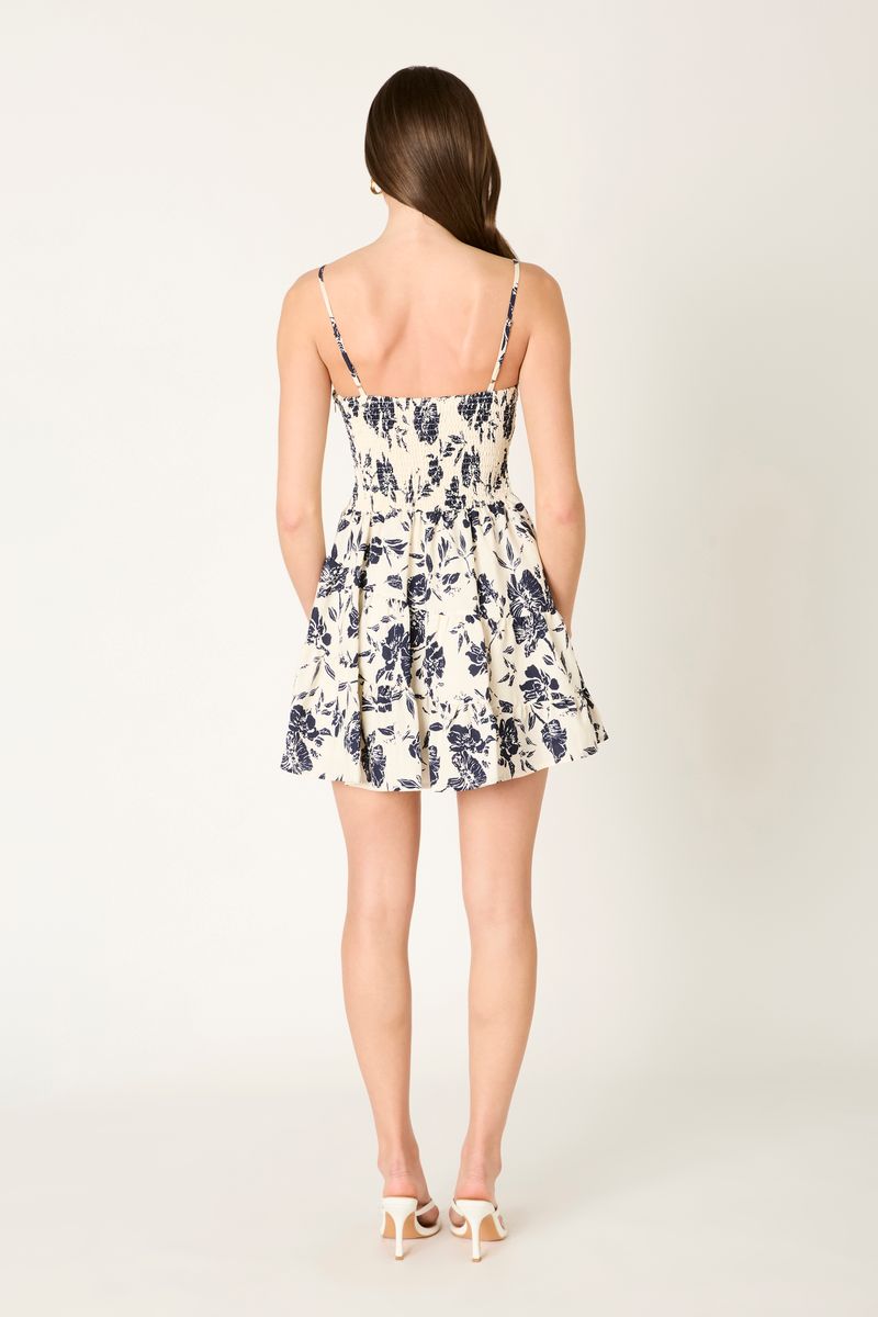 Floral Print Mini Dress in navy back view 