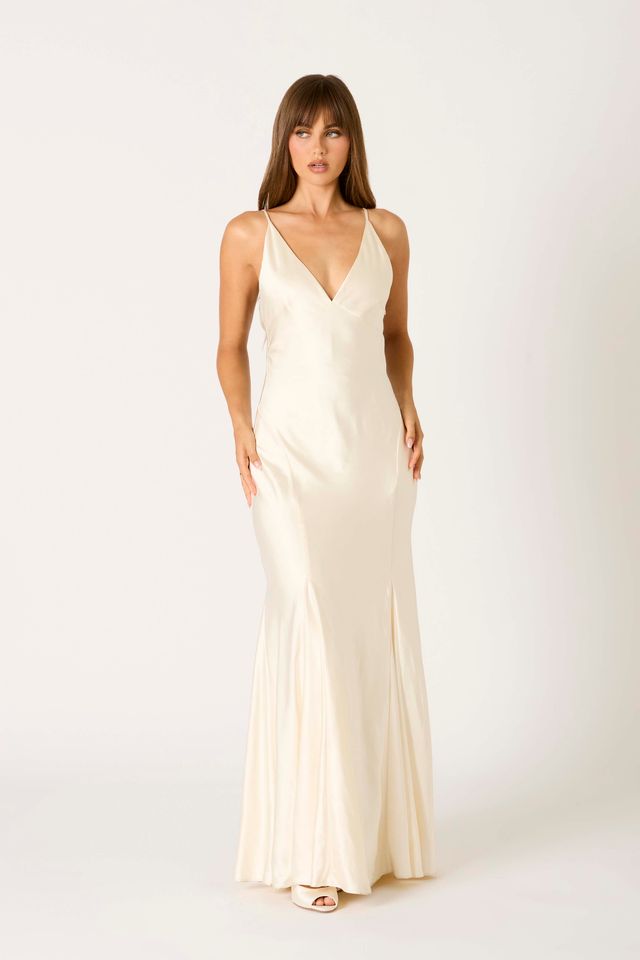 Satin Flared Maxi Dress in ivory front view