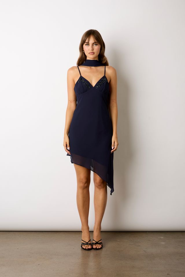 Asymmetrical Chiffon Mini Dress in navy front view