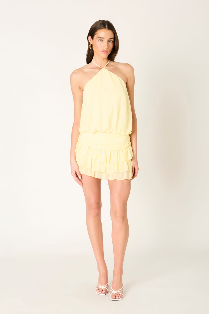 Halter Ruffle Mini Dress in lemon front view