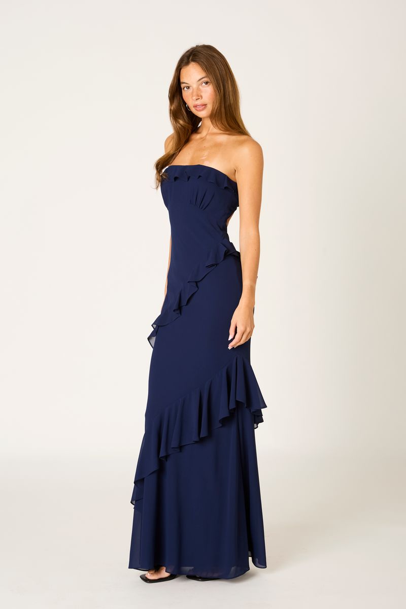 Cascade Ruffle Gown in navy side view