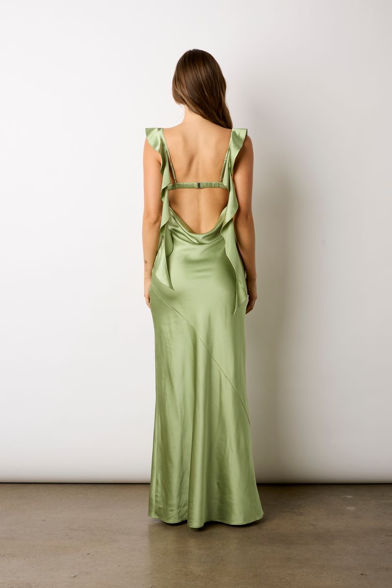 Waterfall Ruffle Maxi Dress in basil back view