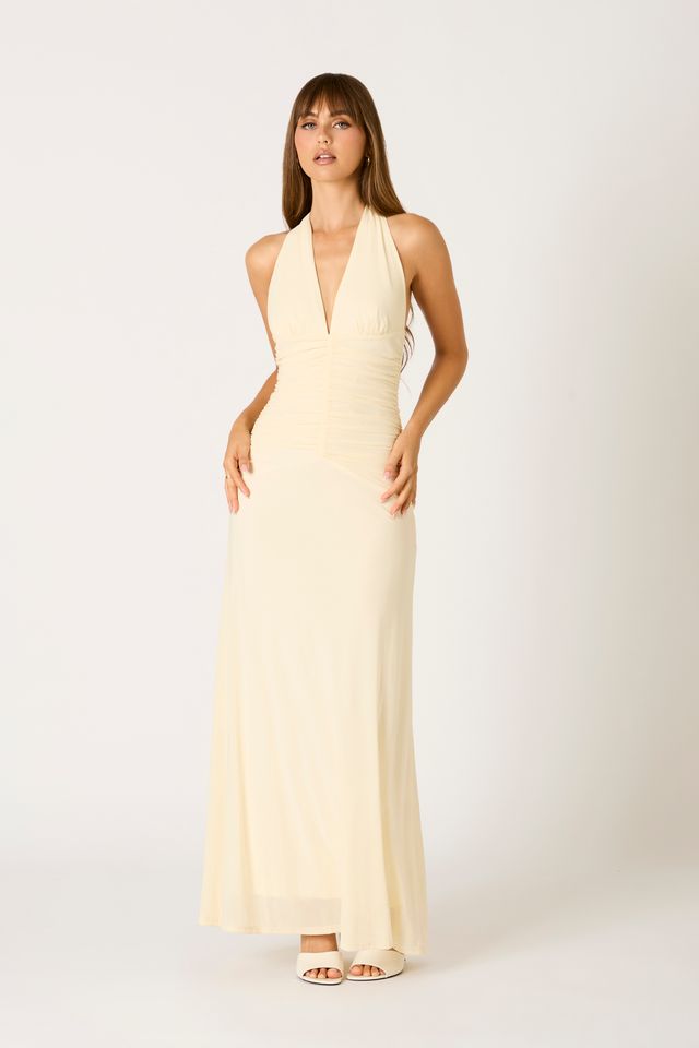 Ruched Halter Maxi Dress in cream front view