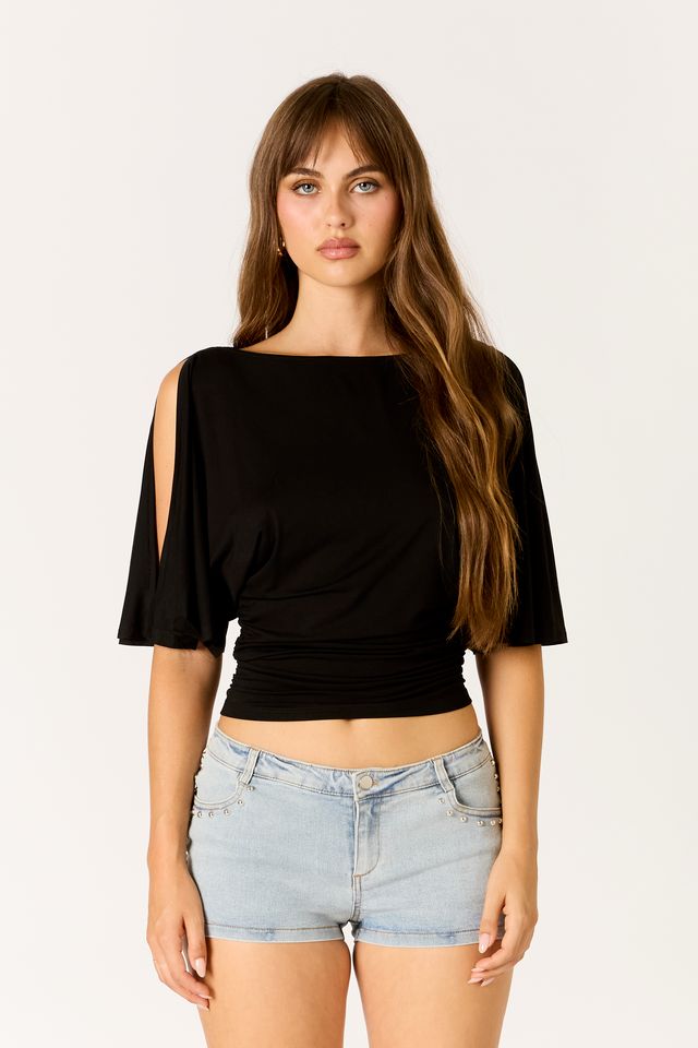 Ruched Flutter Sleeve Top in black front view