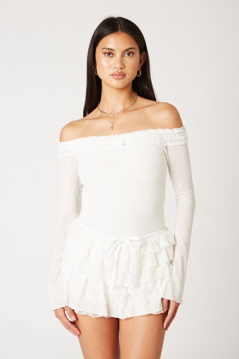 Off-The-Shoulder Ruffle Mesh Top in white front view