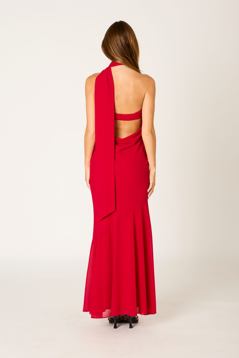 Strapless Chiffon Gown in crimson back view