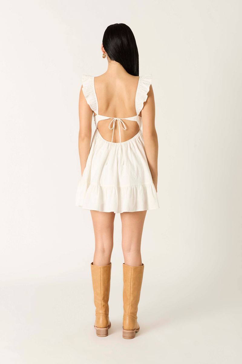 Babydoll Flutter Sleeve Mini Dress in white back view