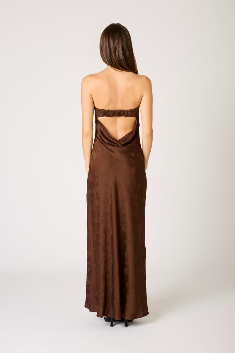 Strapless Open Cowl Back Gown in chocolate back view