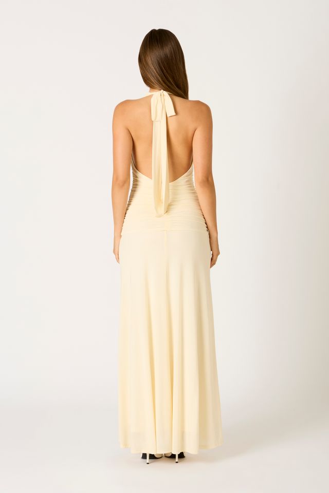 Ruched Halter Maxi Dress in cream back view