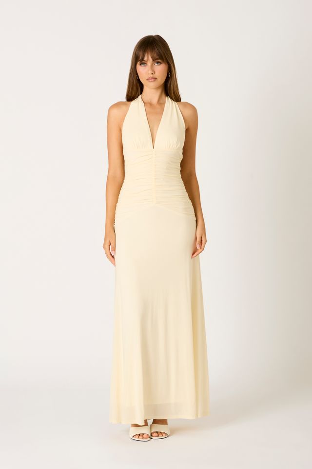 Ruched Halter Maxi Dress in cream front view