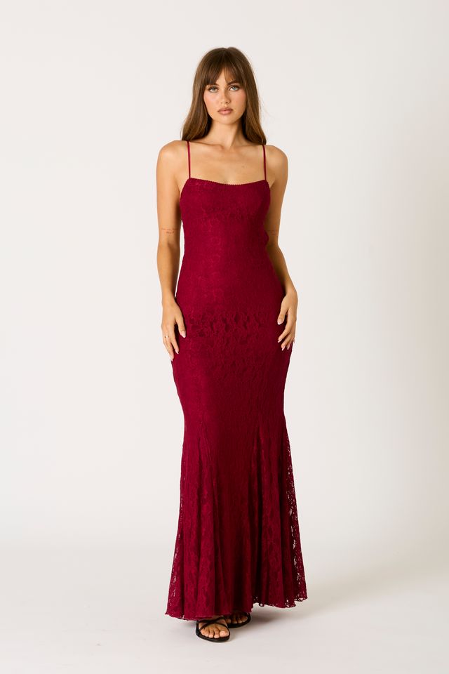 Lace Maxi Dress in wine front view