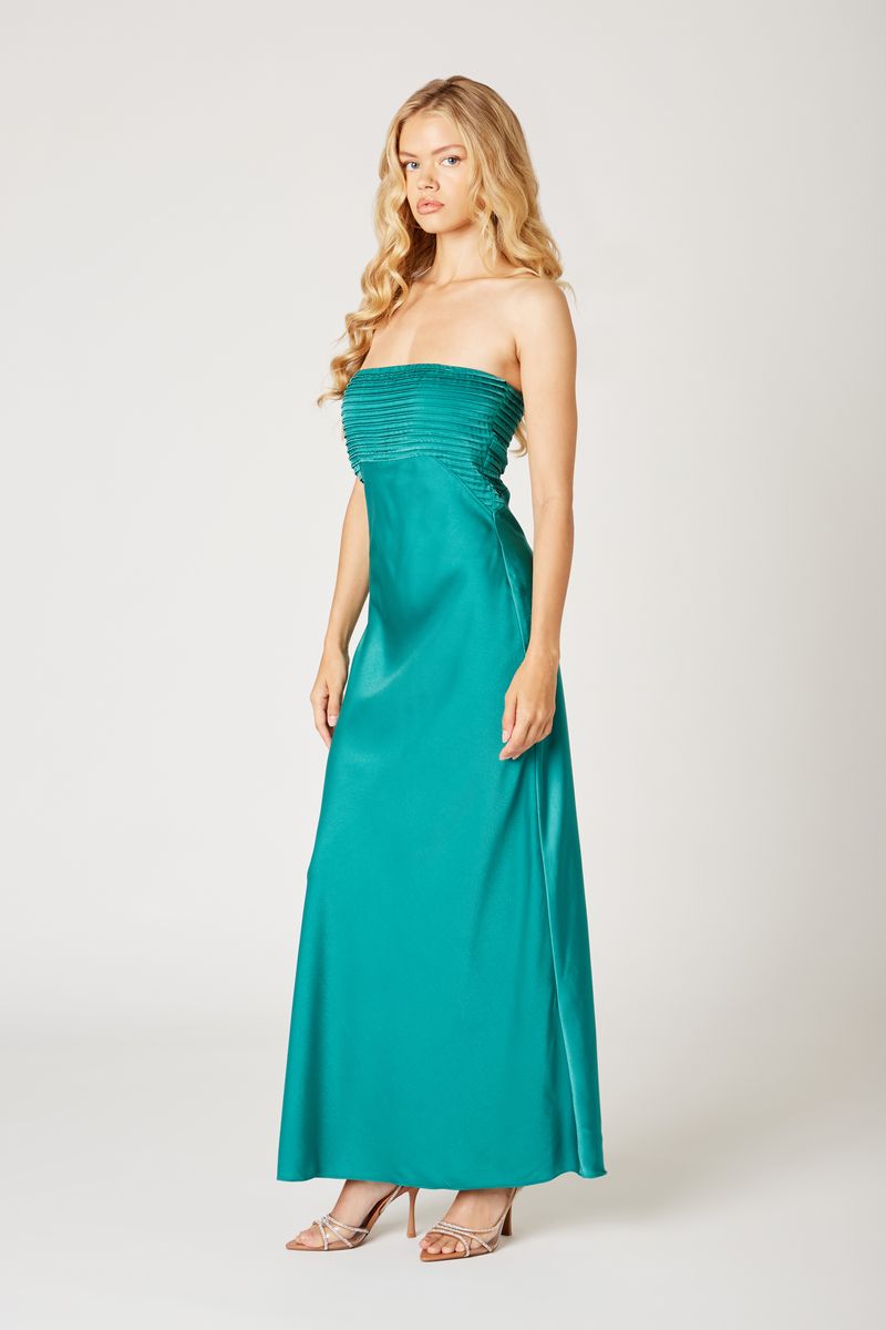 Pleated Strapless Gown in jade side view