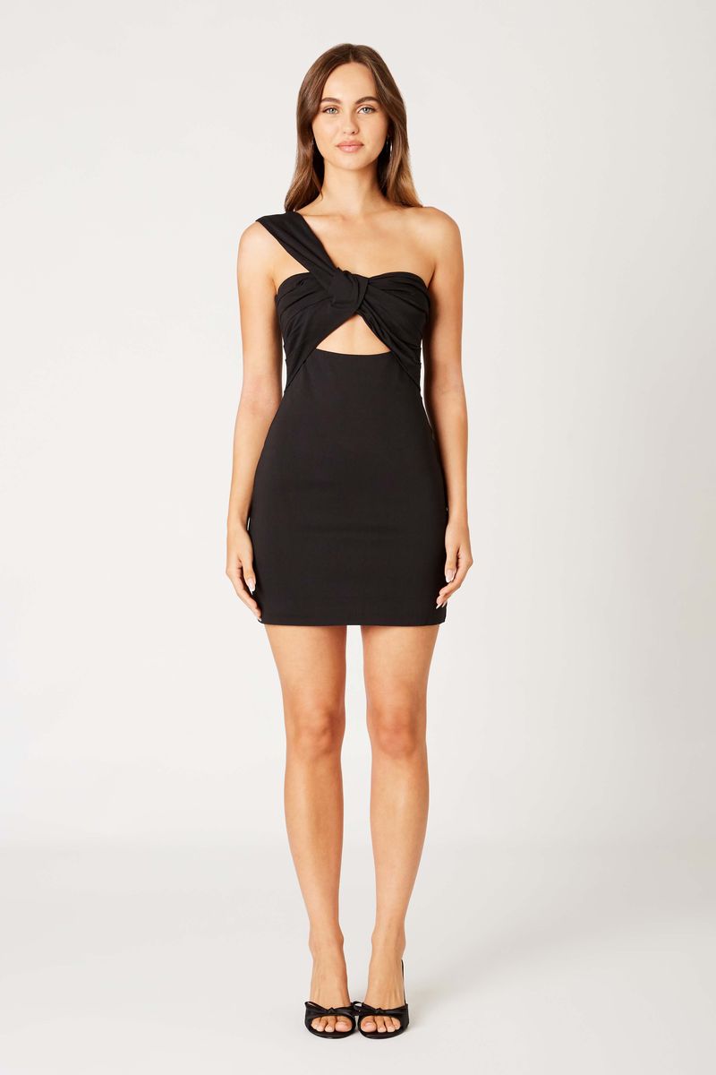 Side Strap Cut Out Mini Dress in black front view