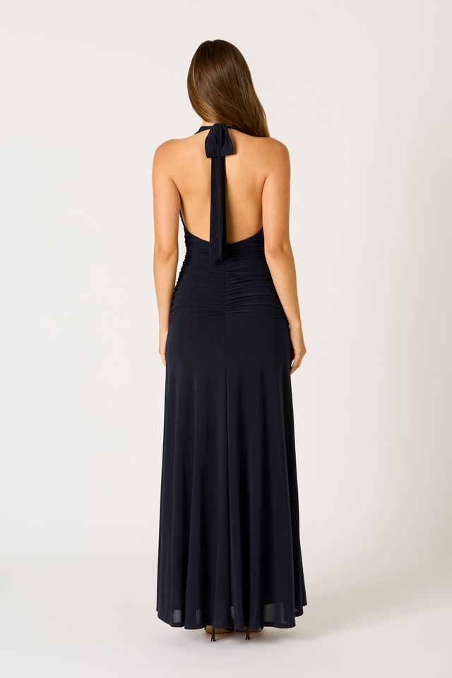Ruched Halter Maxi Dress in navy back view