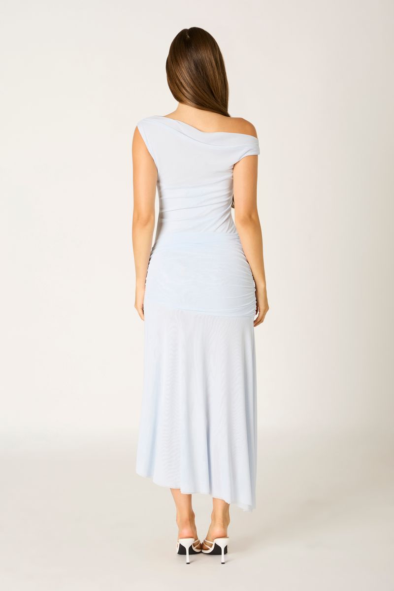 Mesh Asymmetric Midi Dress in cloud blue back view