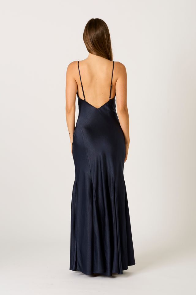 Satin Flared Maxi Dress in midnight back view