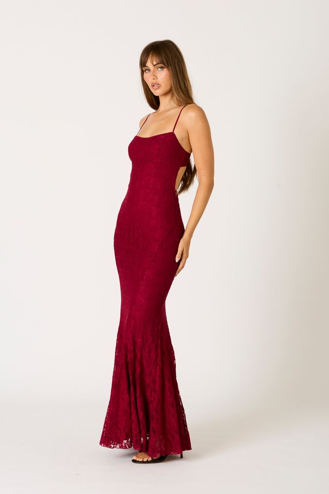 Lace Maxi Dress in wine side view