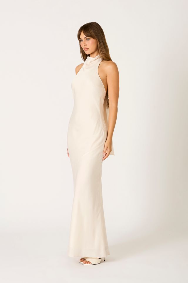 Open Back Halter Maxi Dress in cream side view
