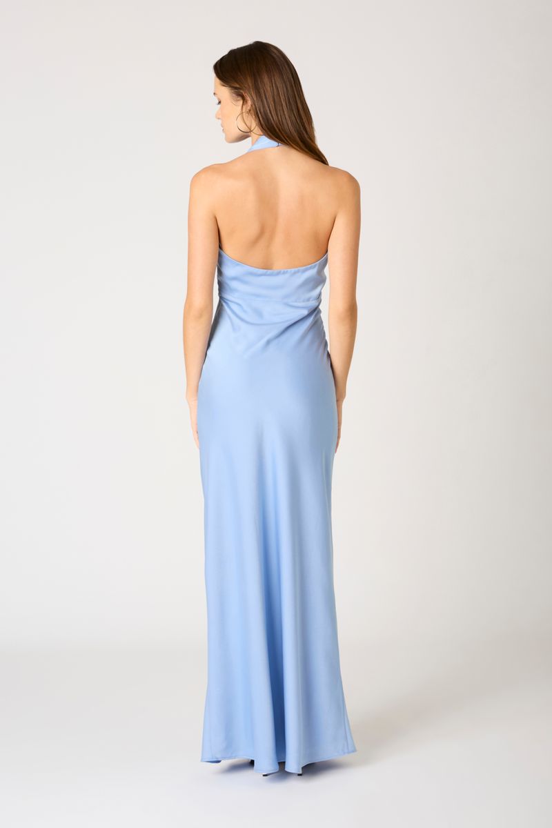 Plunge Halter Bias Gown in slate blue back view