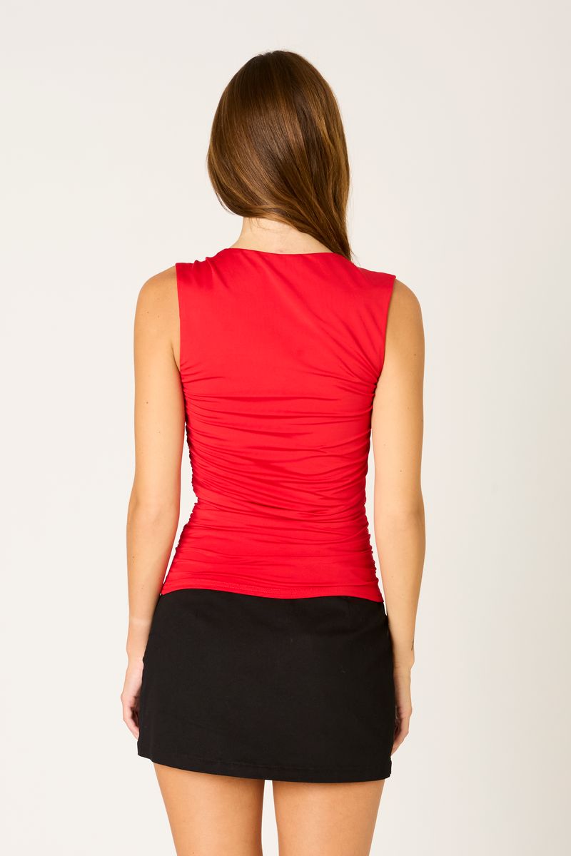 Ruched Square Neck Sleeveless Top in red back view