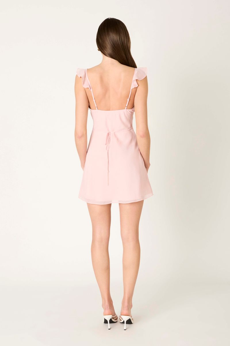 Ruffle Trim Strap Mini Dress in blush pink back view