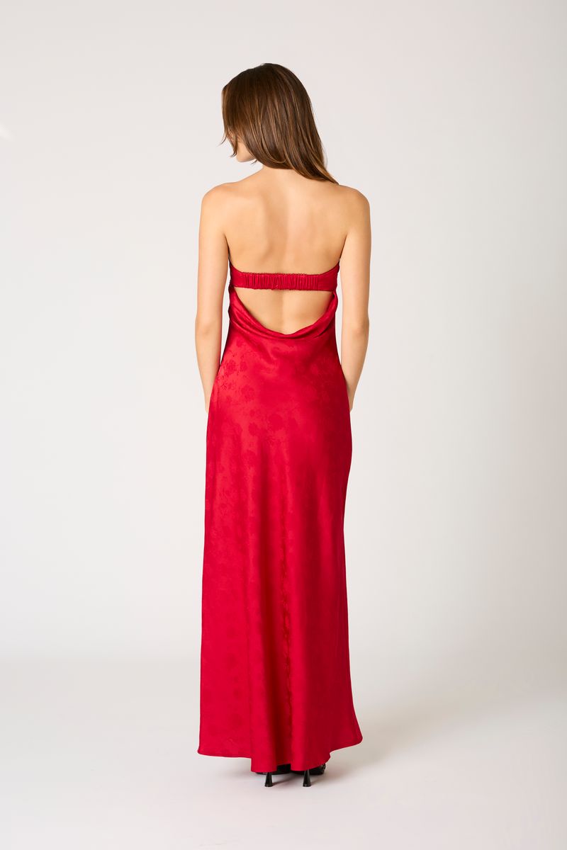 Strapless Open Cowl Back Gown in crimson back view