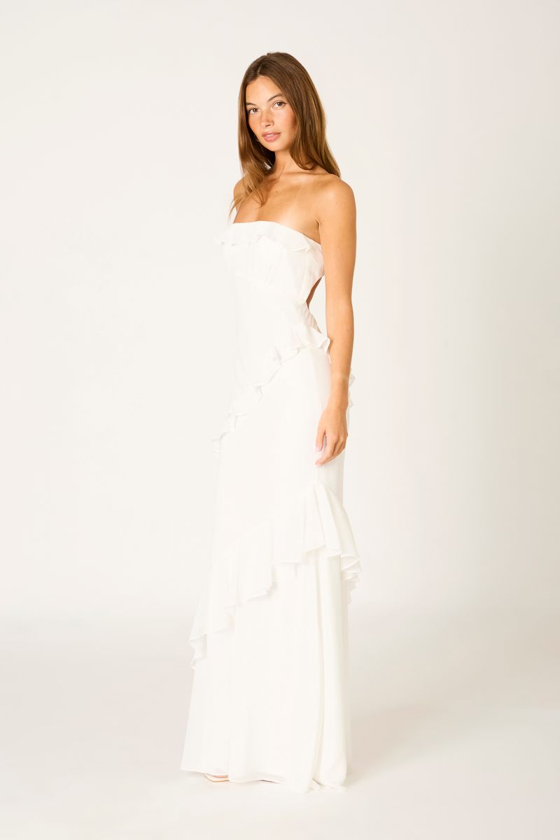 Cascade Ruffle Gown in white side view