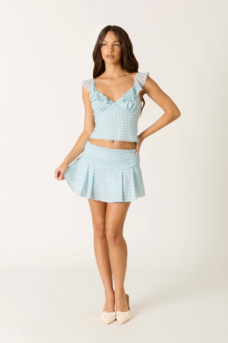 Polka Dot Ruffle Mini Skirt in aqua front view