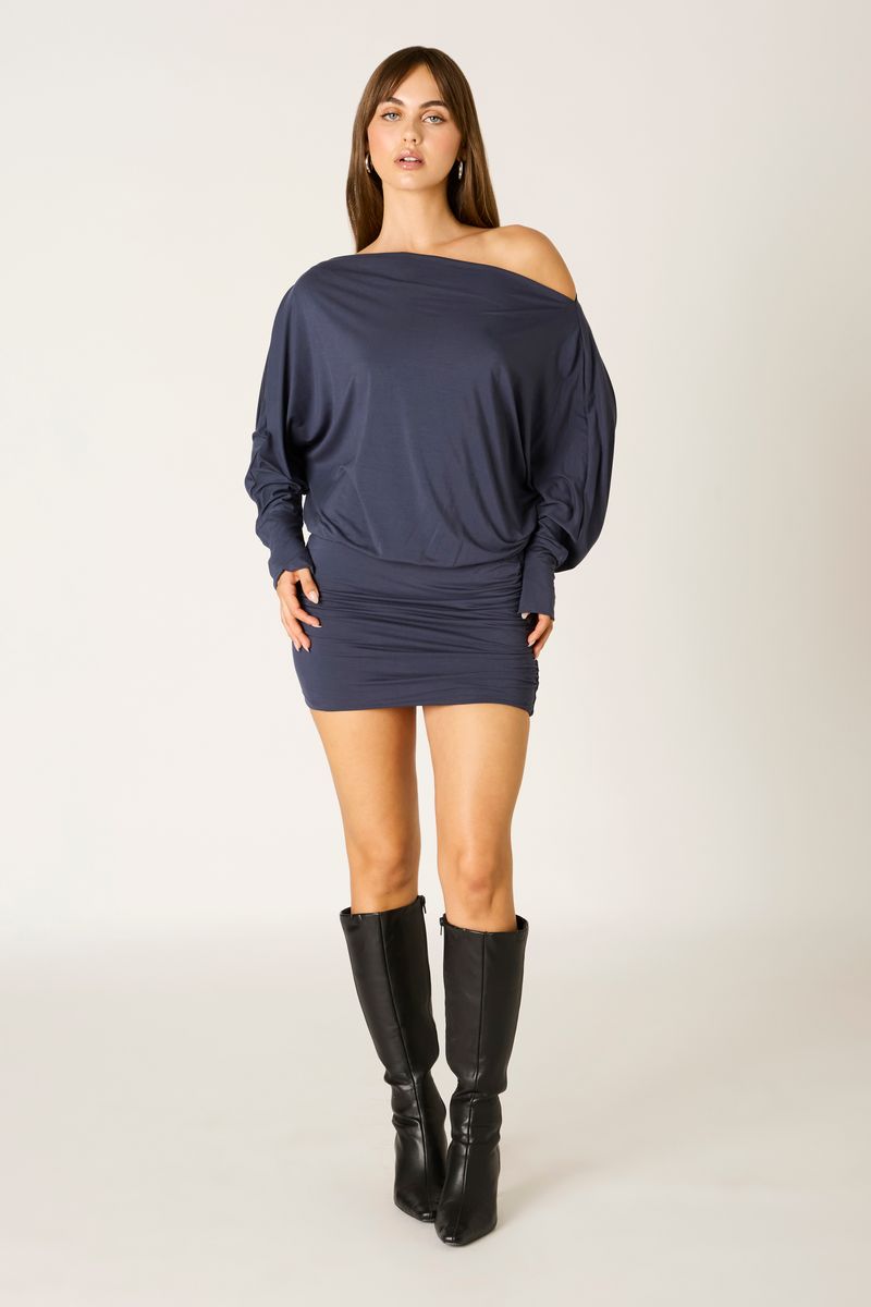 Off-Shoulder Jersey Mini Dress in ink front view