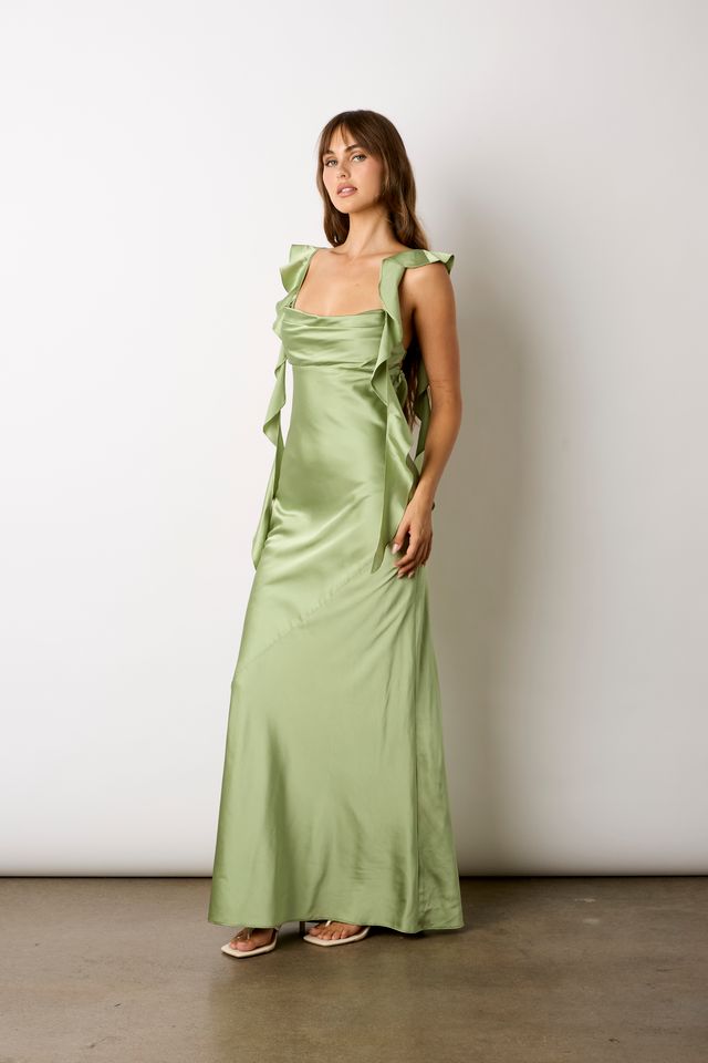 Waterfall Ruffle Maxi Dress in basil side view