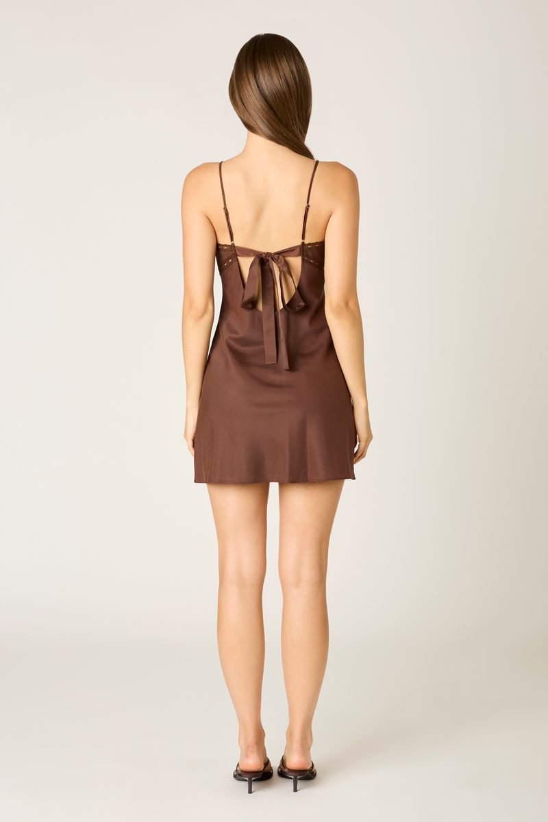 Satin Cami Mini Dress in chocolate back view